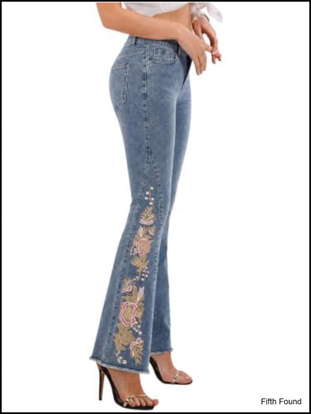 High Rise Floral Embroidered Flare Jeans Raw Hem Stretch Denim Pants